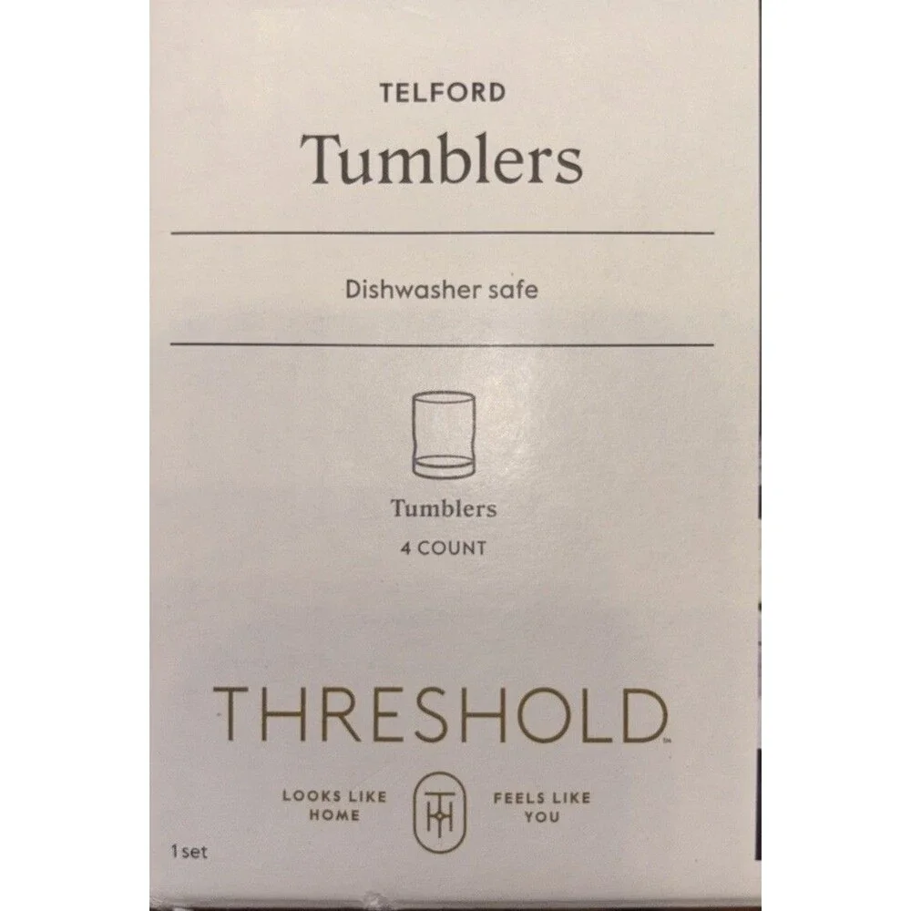 NEW Threshold Telford Glass Tumblers Set of 4, 12 fl oz, Dishwasher Safe, Clear